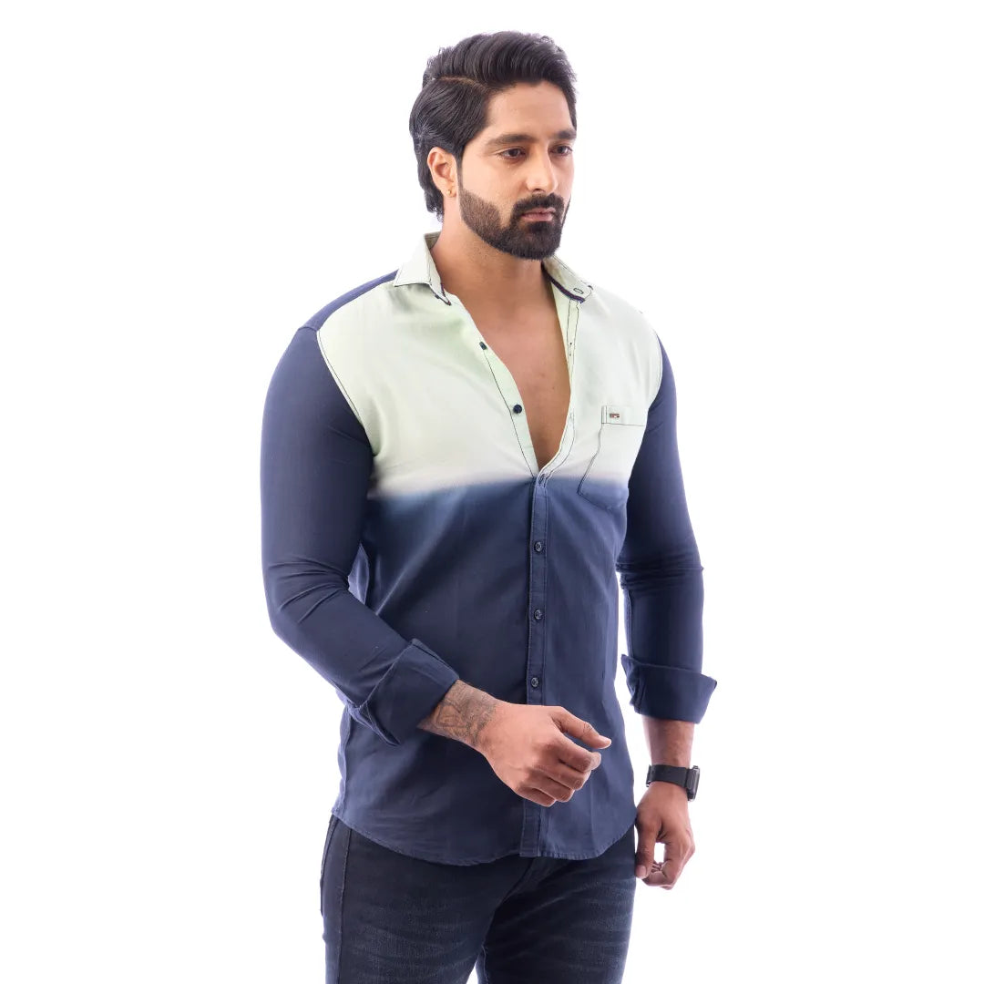 Men Green And BlueTwill Plain Partywear Shirt - 5491