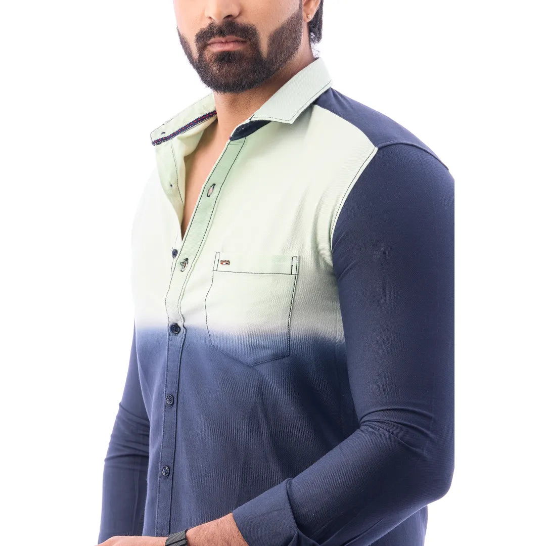 Men Green And BlueTwill Plain Partywear Shirt - 5491