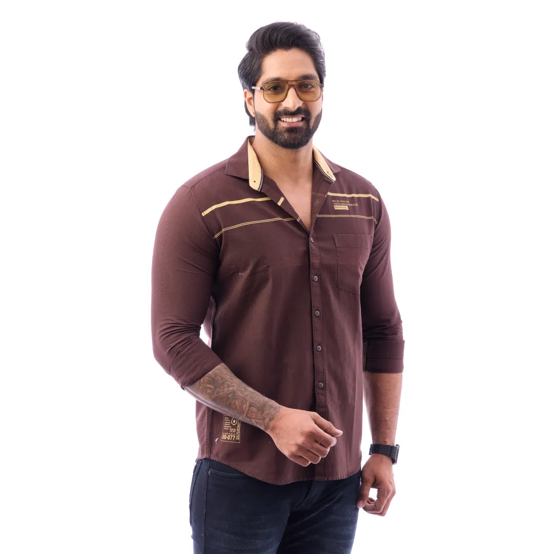 Men Brown LinoCotton Partywear Shirt - 6502