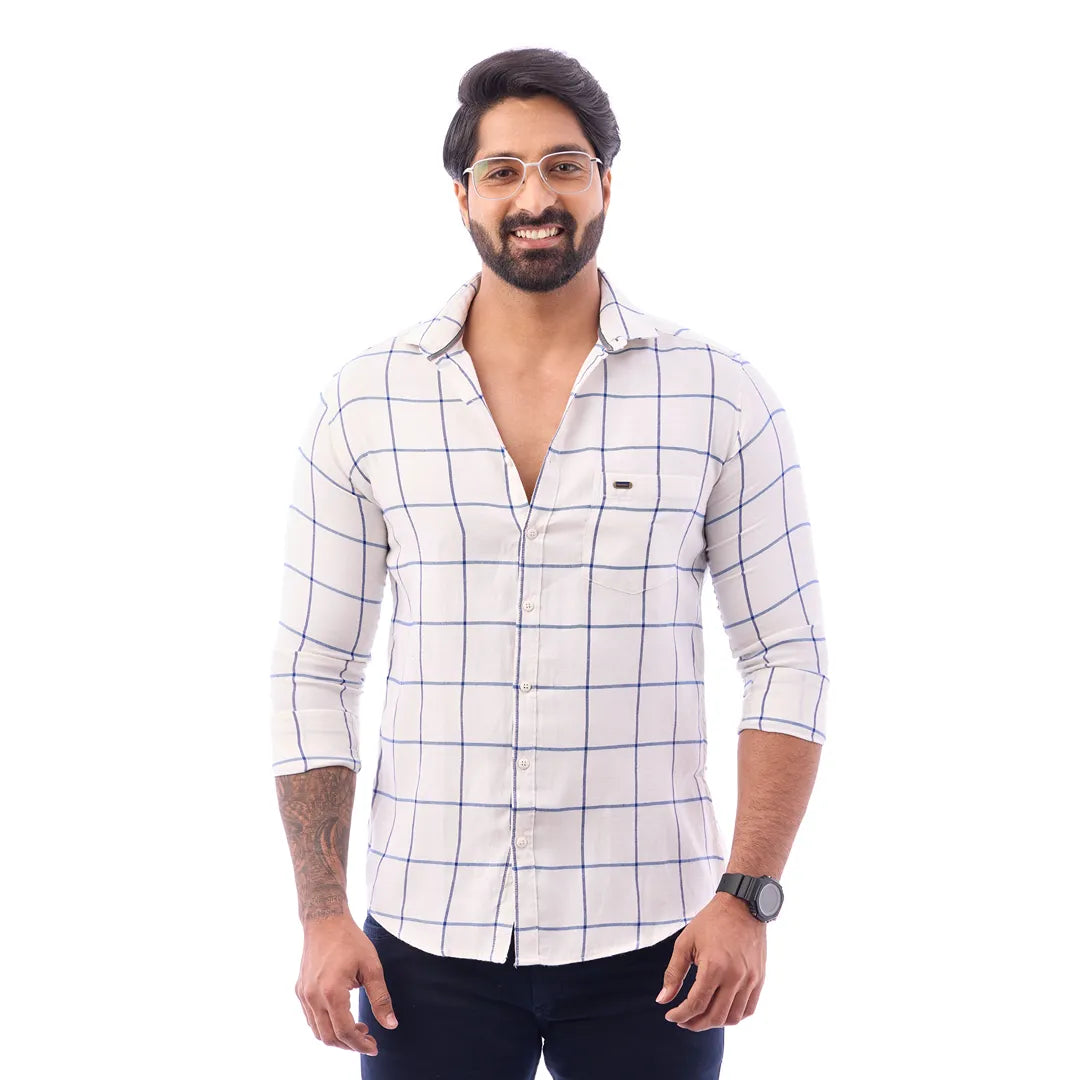 Men White Twill Checked Shirt - 6634