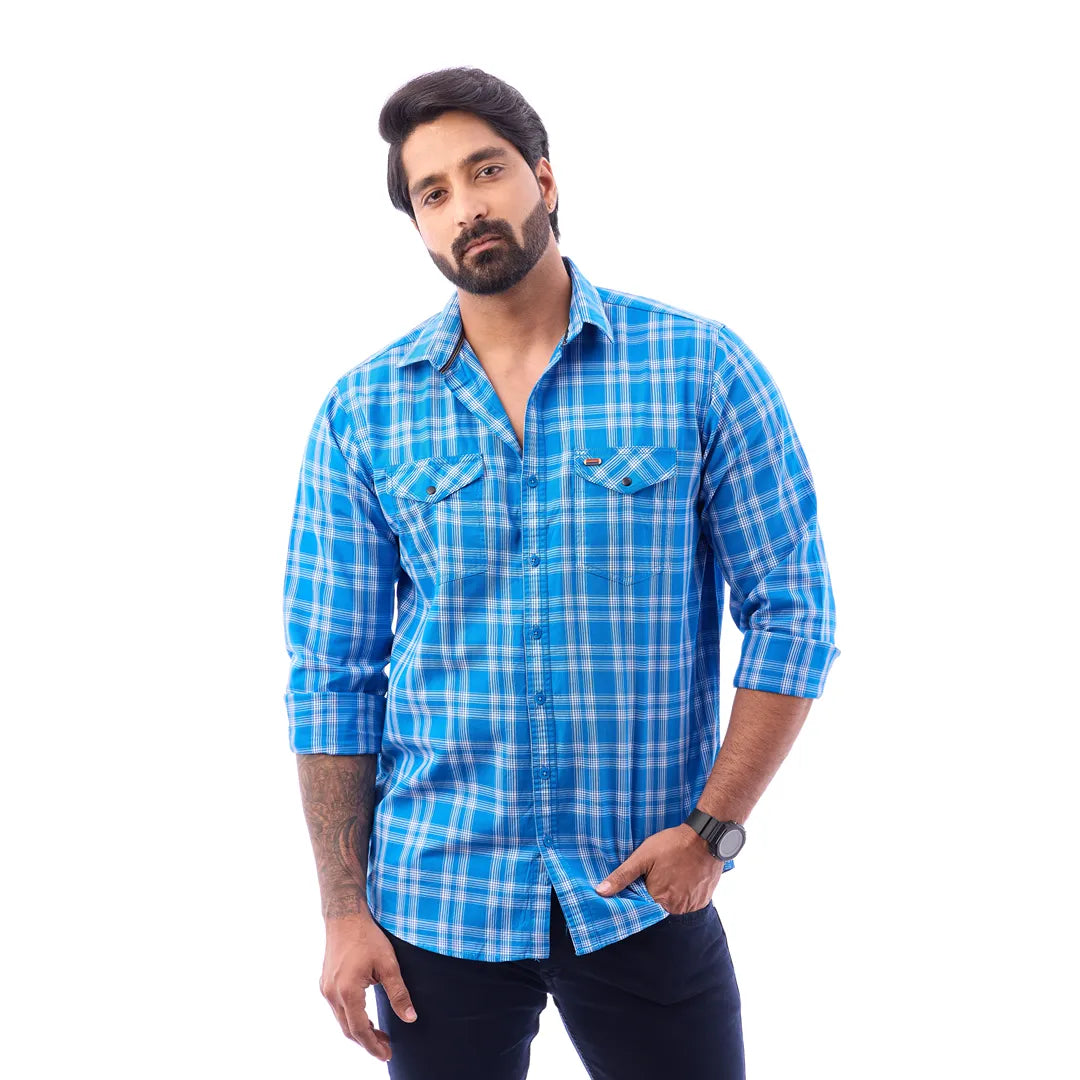 Ramer Blue Twill Checked Shirt for Men - 6843