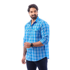 Ramer Blue Twill Checked Shirt for Men - 6843