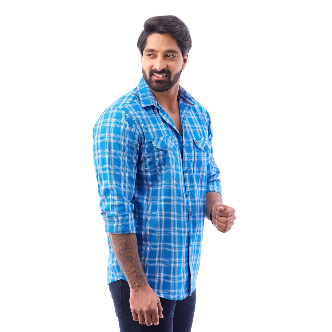 Ramer Blue Twill Checked Shirt for Men - 6843