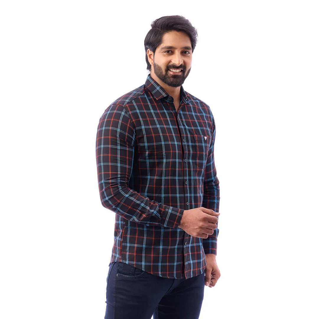 Men Black Twill Checked Shirt - 6994