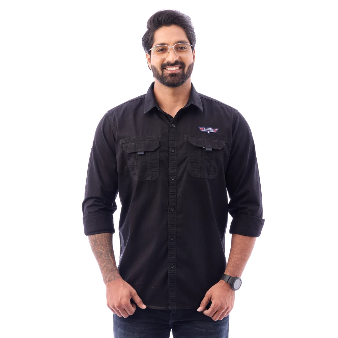 Men Black Twill Plain Double Pocket Shirt - 7222