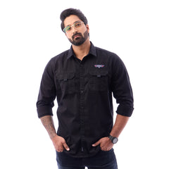 Men Black Twill Plain Double Pocket Shirt - 7222