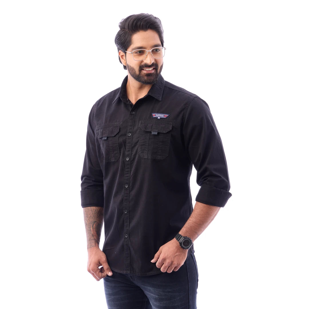 Men Black Twill Plain Double Pocket Shirt - 7222