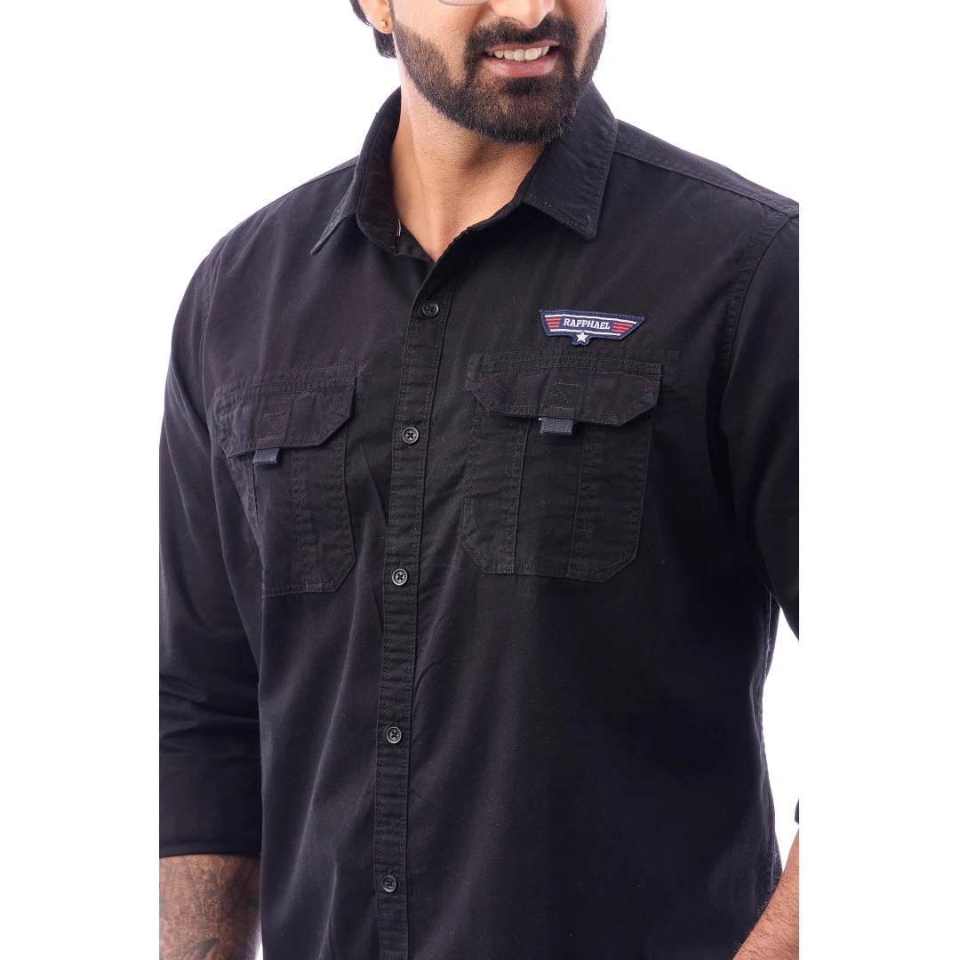 Men Black Twill Plain Double Pocket Shirt - 7222