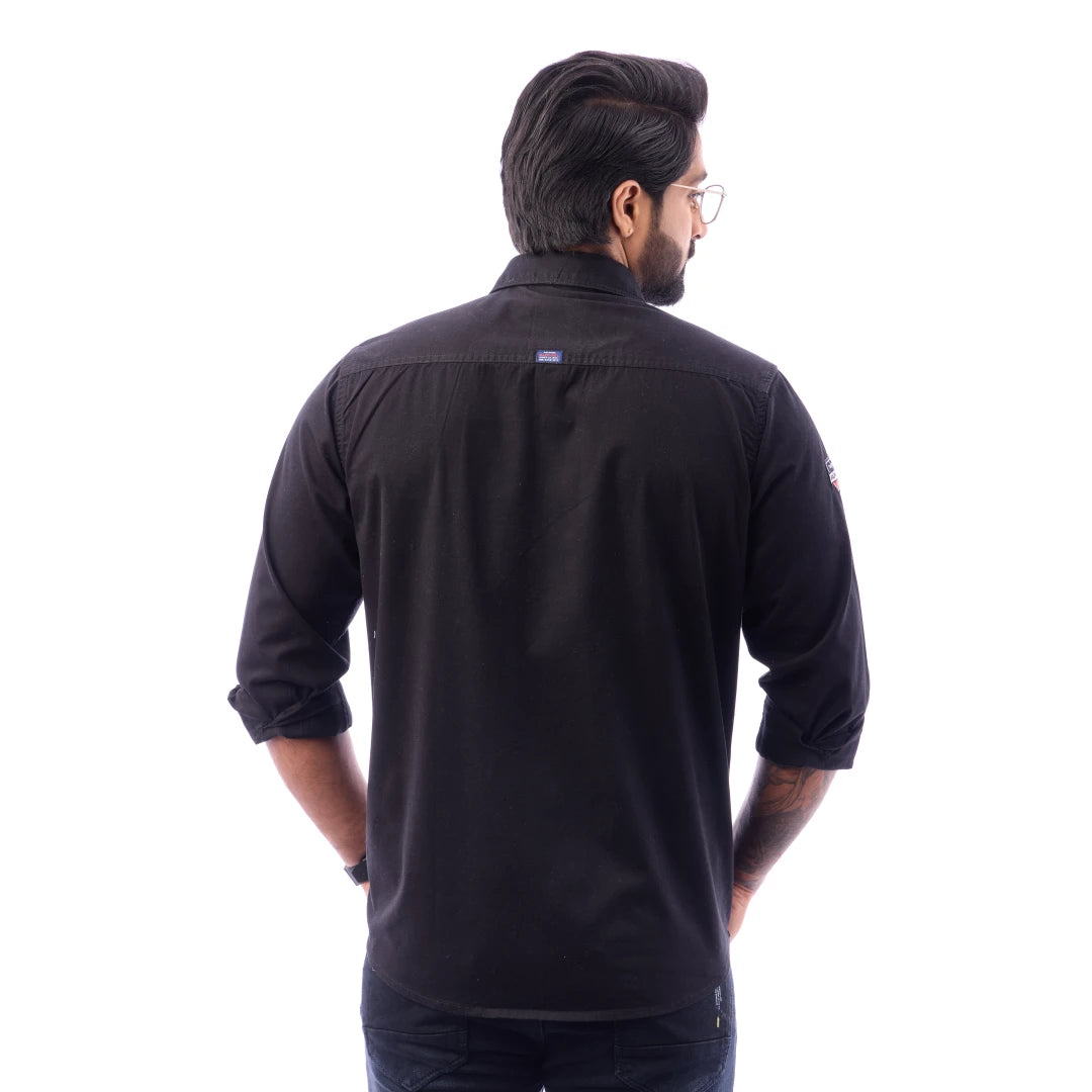 Men Black Twill Plain Double Pocket Shirt - 7222