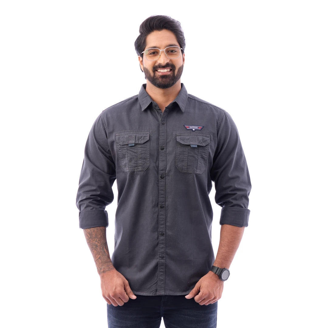 Men Black Twill Plain Double Pocket Shirt - 7222