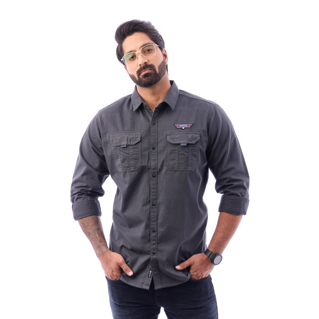 Men Black Twill Plain Double Pocket Shirt - 7222