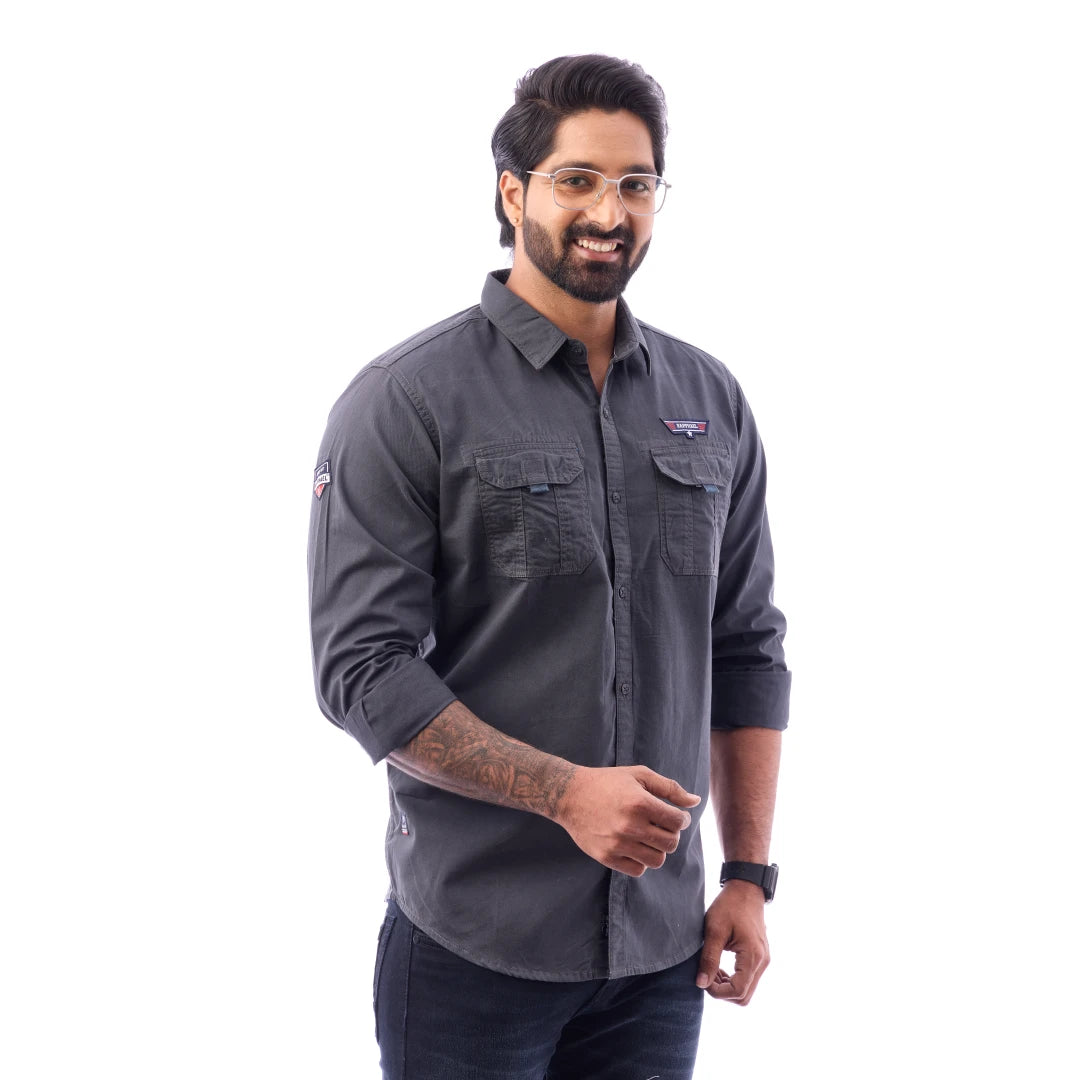 Men Black Twill Plain Double Pocket Shirt - 7222