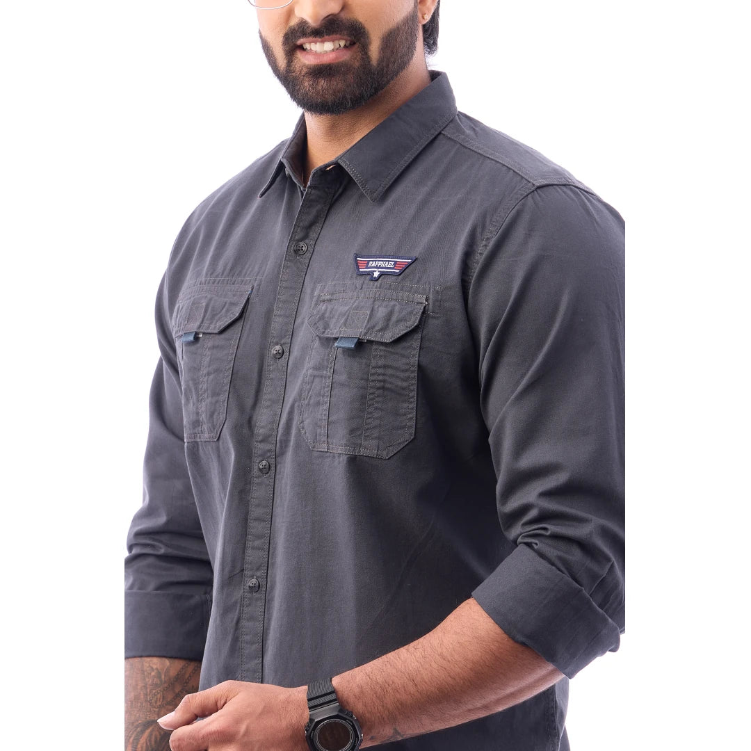 Men Black Twill Plain Double Pocket Shirt - 7222