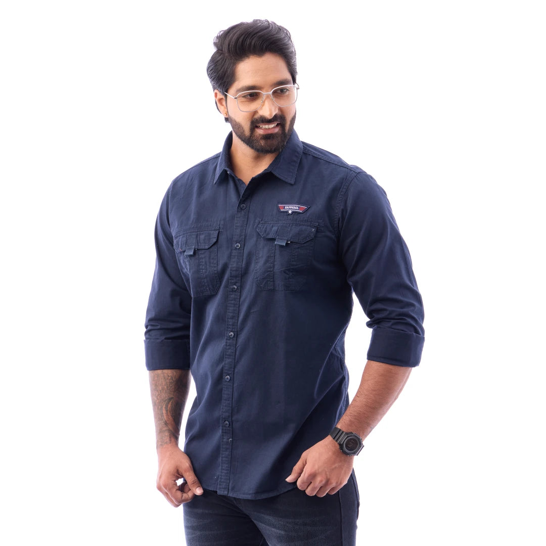 Men Black Twill Plain Double Pocket Shirt - 7222