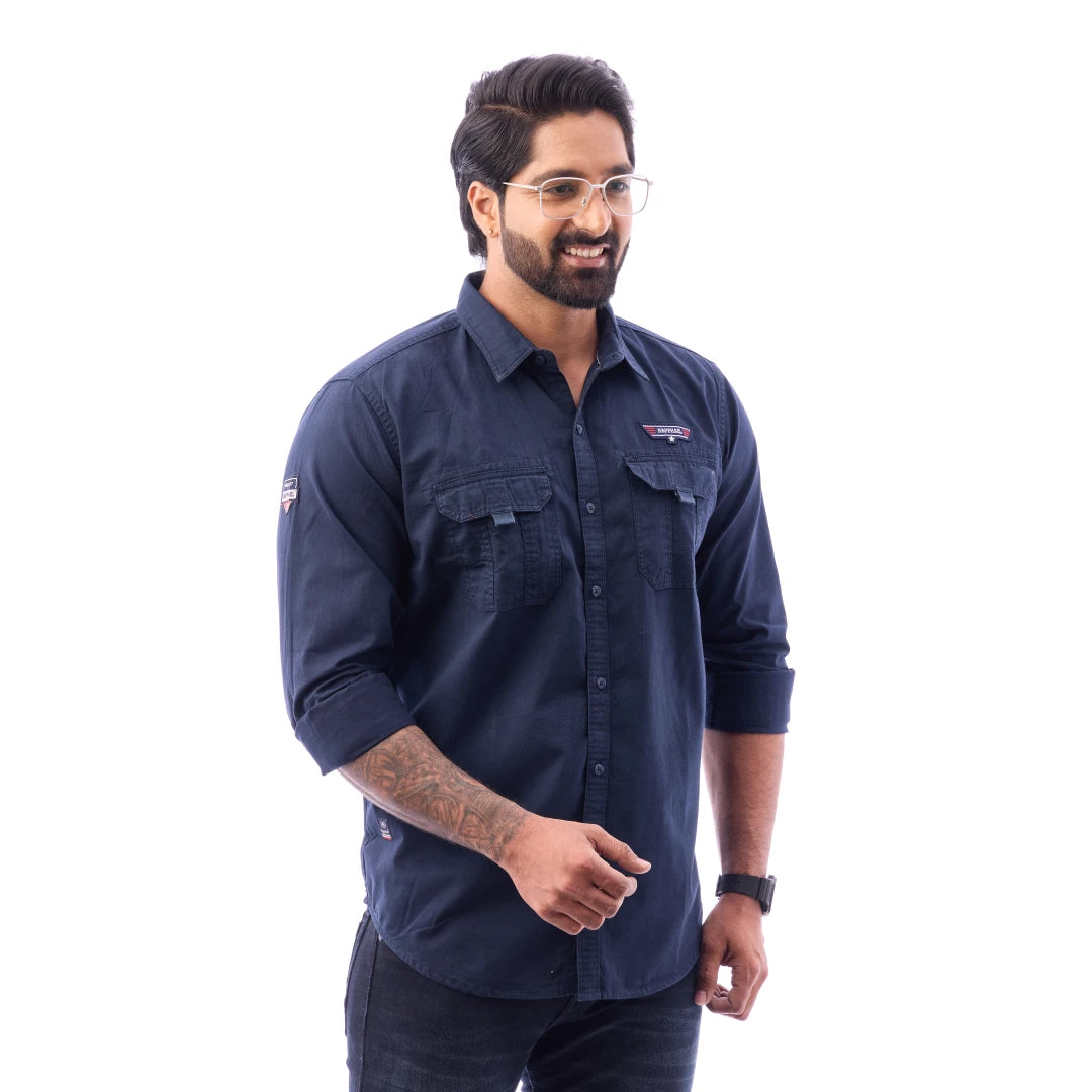 Men Black Twill Plain Double Pocket Shirt - 7222