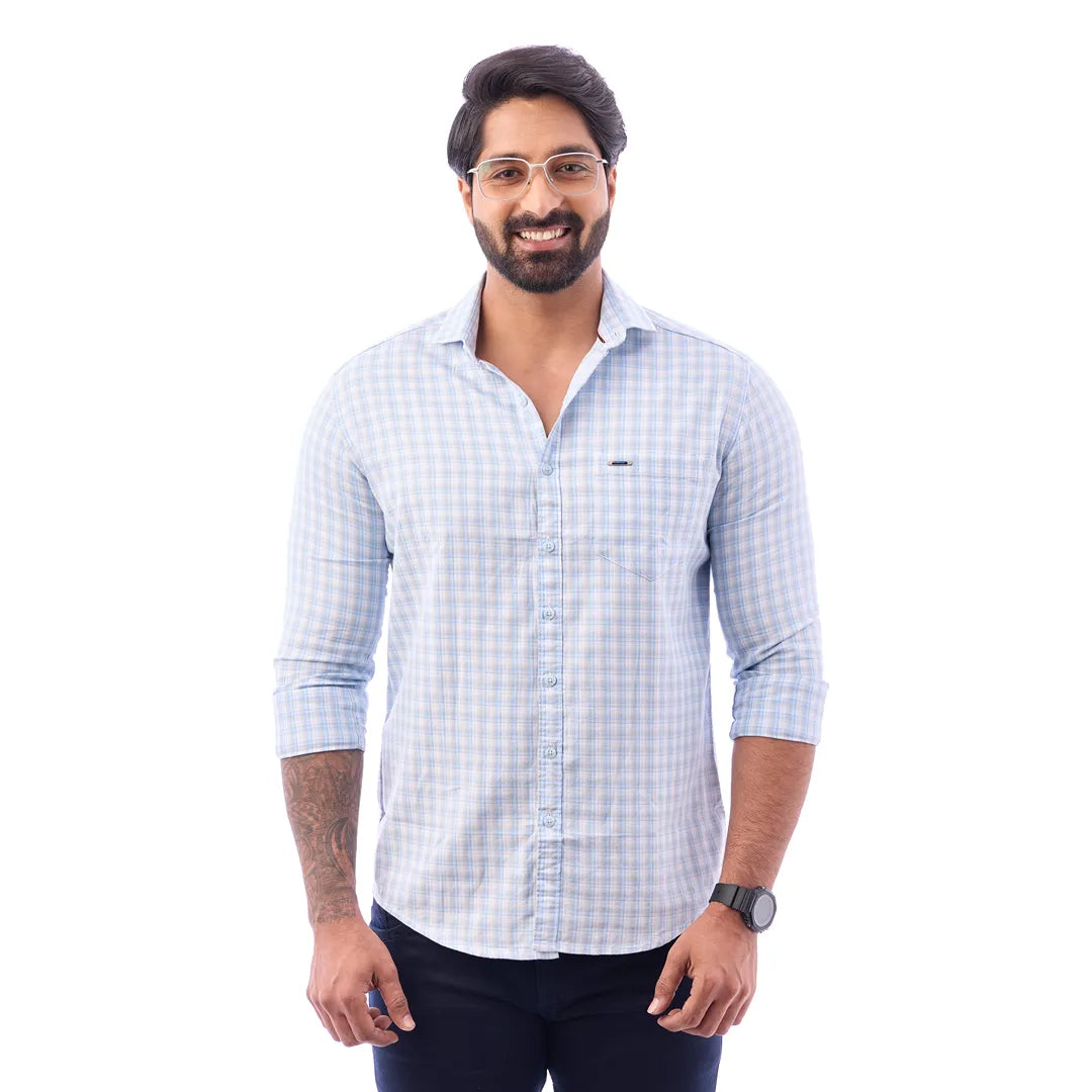 Men Light Green Twill Checked Shirt - 7277