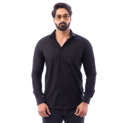 Men Black Fine Slub Plain Shirt - 7440