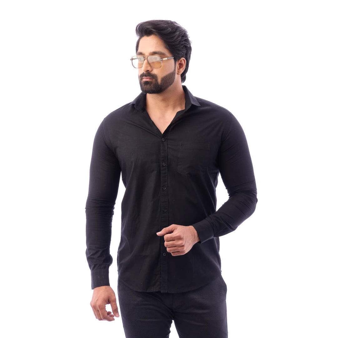 Men Black Fine Slub Plain Shirt - 7440