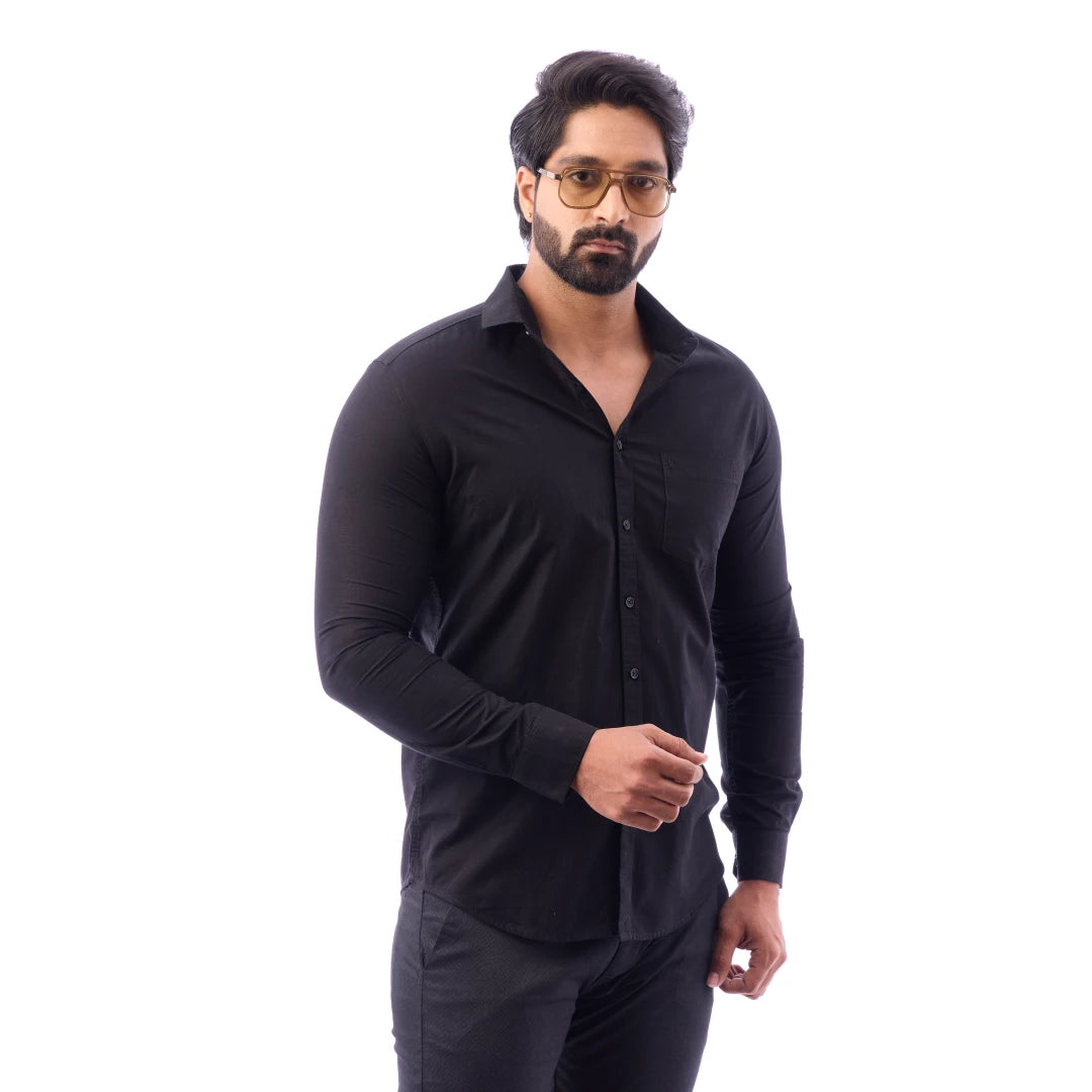 Men Black Fine Slub Plain Shirt - 7440