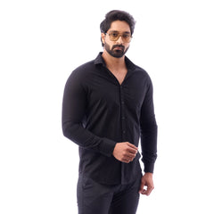 Men Black Fine Slub Plain Shirt - 7440