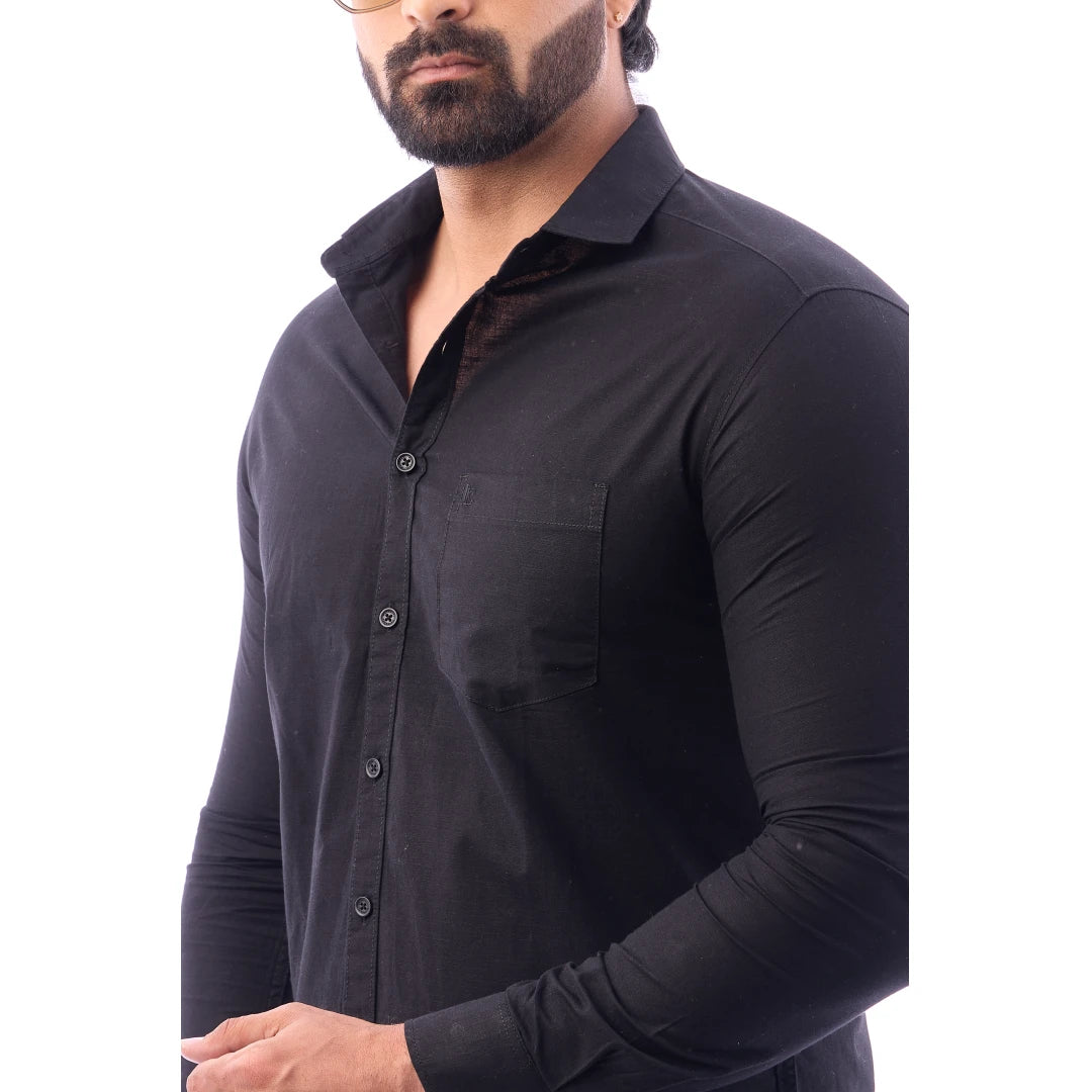 Men Black Fine Slub Plain Shirt - 7440