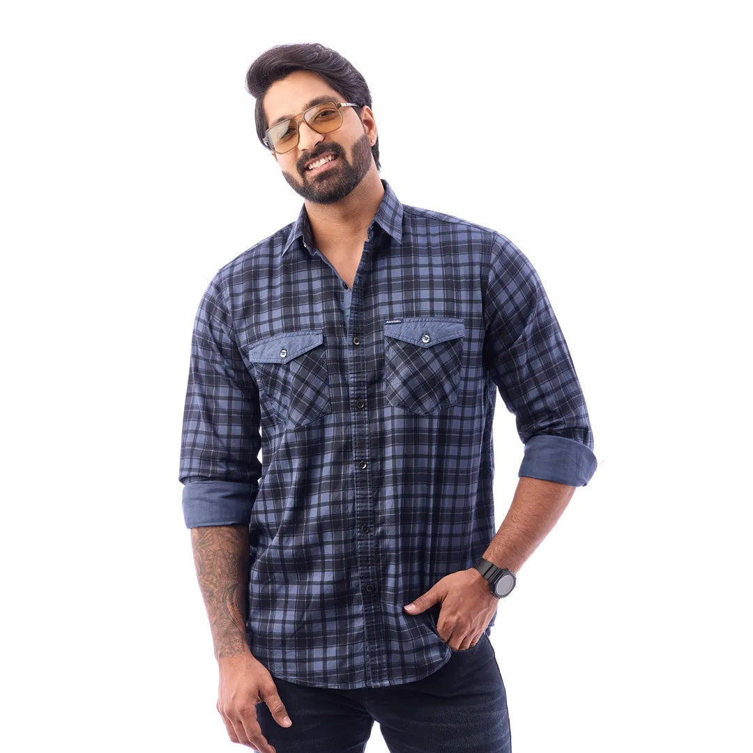 Men Blue Twill Checked Shirt - 7462