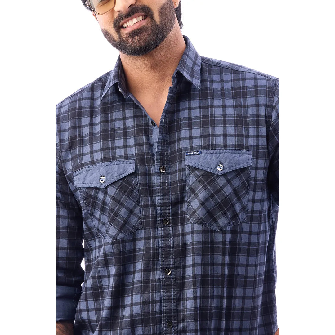 Men Blue Twill Checked Shirt - 7462